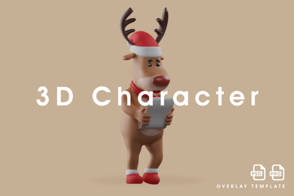 3D Christmas Deer Cartoon Holding Paper Illustrations
