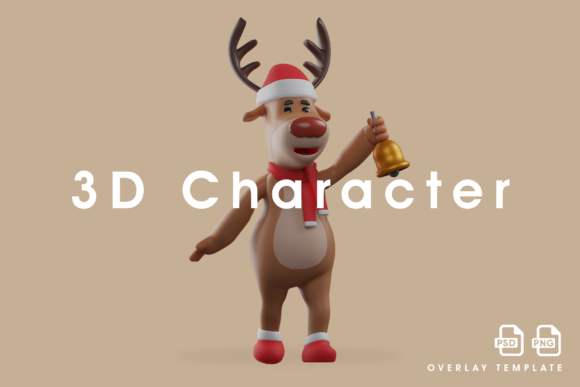 3D Christmas Deer Cartoon Ringing a Bell Illustration