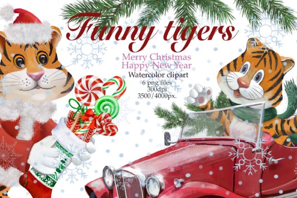 Christmas Clipart Tiger Watercolor for Illustrations