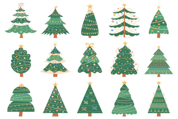 Christmas Doodle Trees Illustrations for Digital Selling
