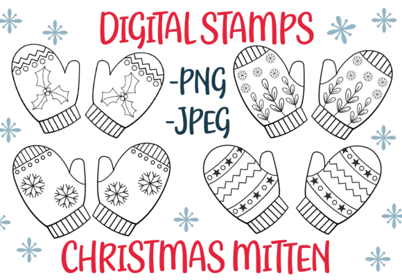 Christmas Mitten Digital Stamps B W Illustrations