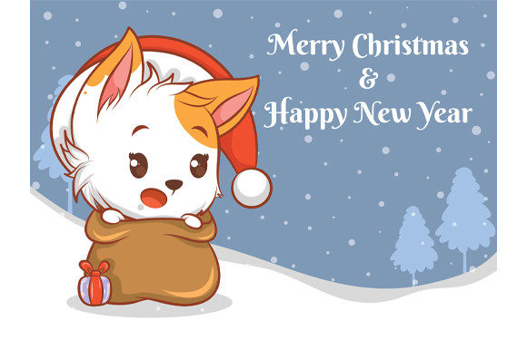 Cute Cat with Christmas Greeting Banner Illustrations
