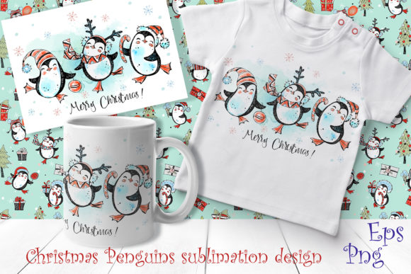 Cute Penguins for Sublimation. Christmas Illustrations