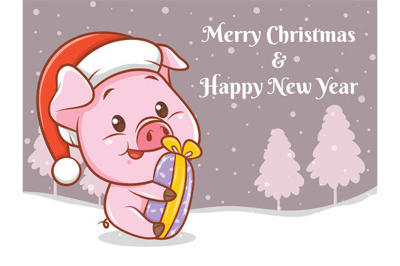 Cute Pig with Christmas Greeting Banner Illustrations
