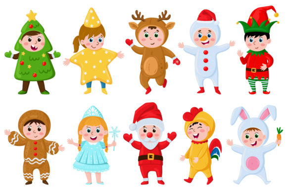 Kids in Christmas Costumes Illustrations for Festive Content